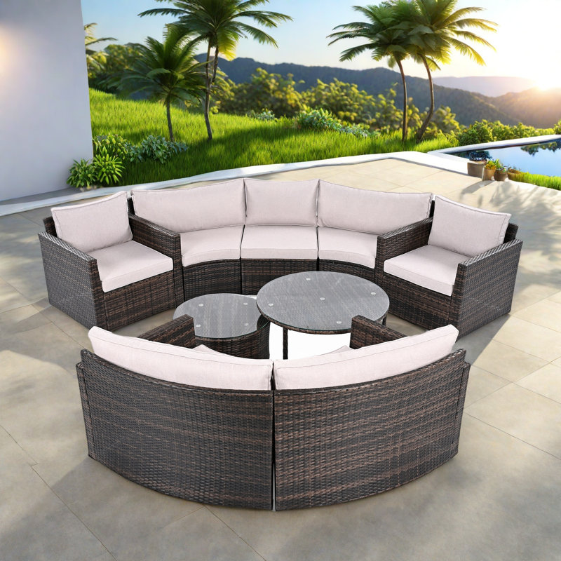 9-pieces Outdoor Half-moon Wicker Conversation Sets With 1 Nesting Coffee Table And Tempered Glass Top