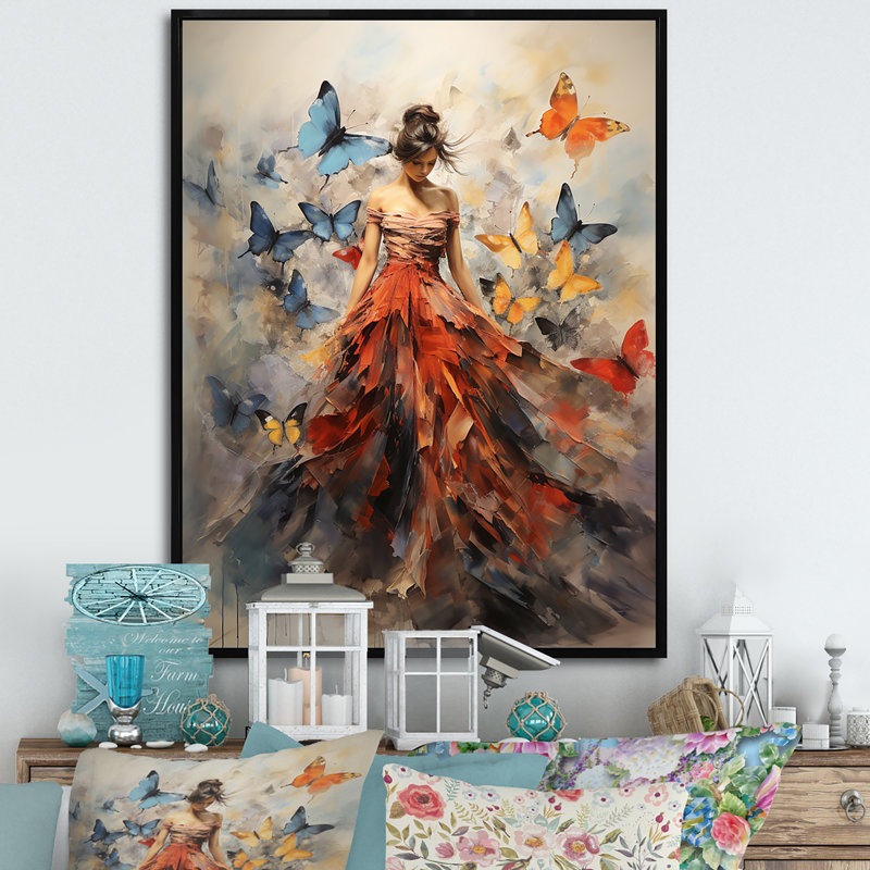 Papillon et femme dansant I - art mural papillon, H 32 po x l 16 po, Reproduction avec cadre flottant, Noir