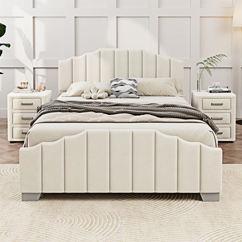 Lit plateforme tapissier en velours, Beige, Double