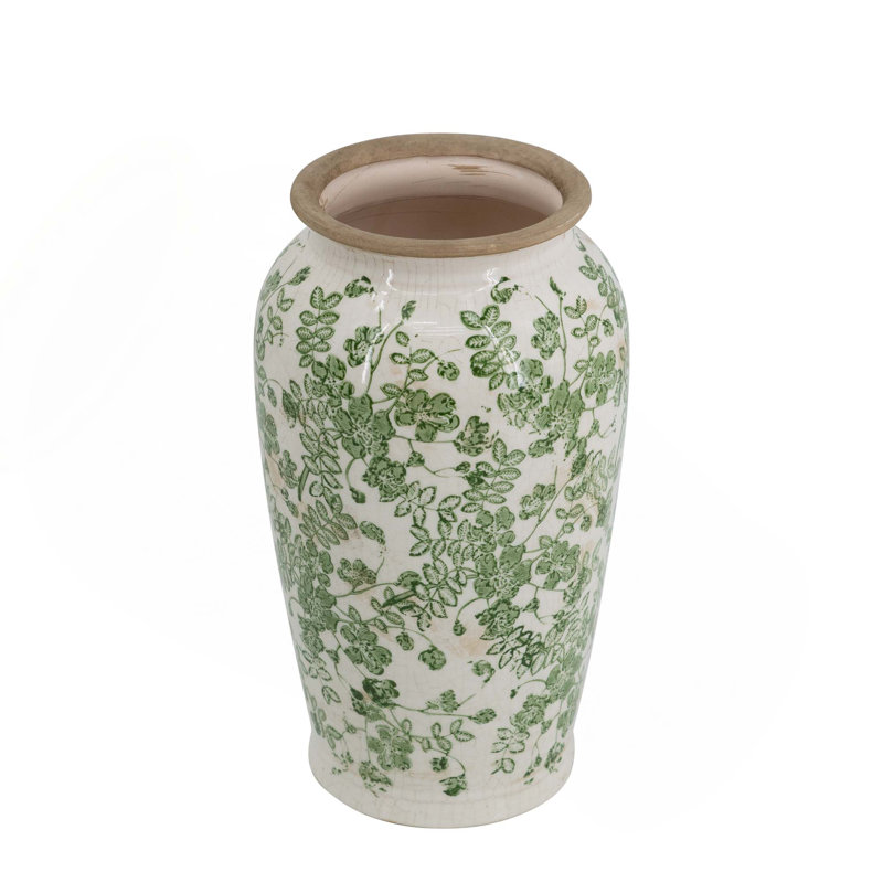 White Ceramic Flower Vase With Green Floral Pattern, 11.6" H x 6.5" W x 6.5" D