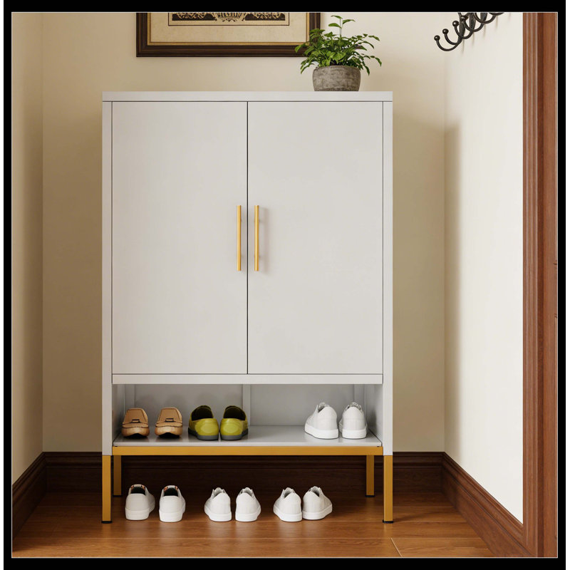 40'' Tall  2-Doors Shoes Cabinet, Metal 7-Tier Hidden Shoe Organizer,Modern Narrow Shoe Storage Cabinet with  Adjustable Shelves for Entryway, Hallway, Closet, Bedroom, Living Room,Laundry Room(White)