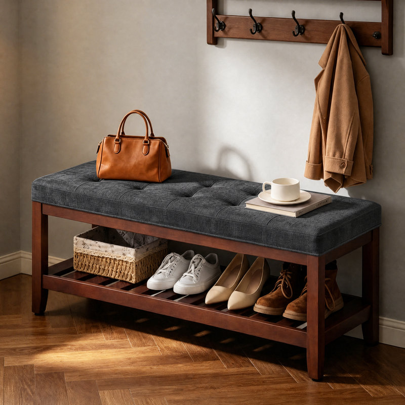 Banc de rangement capitonné de style ferme de 112 cm (44 po), banc d'entrée en bois massif, Gray