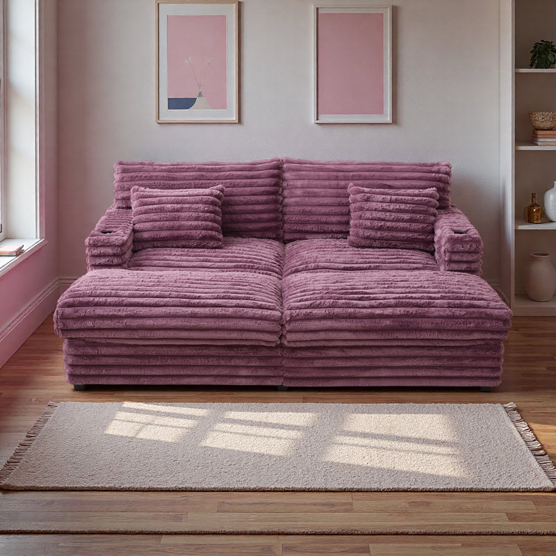 Canapé surdimensionné double de 83,5 po, canapé-lit moelleux en fausse fourrure de lapin avec ports USB, porte-gobelets et coussins de soutien, lit de jour rembourré pour le salon