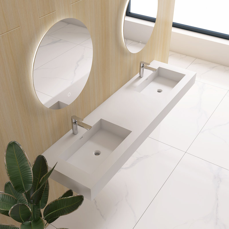 Lavabo de salle de bain mural double 72 po avec trous pré-percés