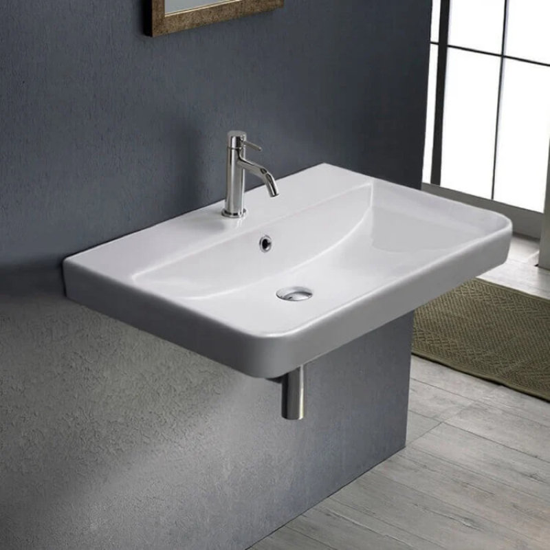 Noura White Ceramic Rectangular Wall-Mount Bathroom Sink