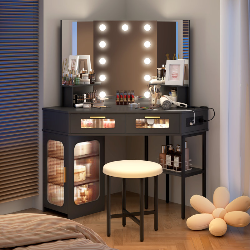 Dressing Table with Motion Sensor 3-colour lighting, Charging Socket, Storage Drawers and Stool, Black