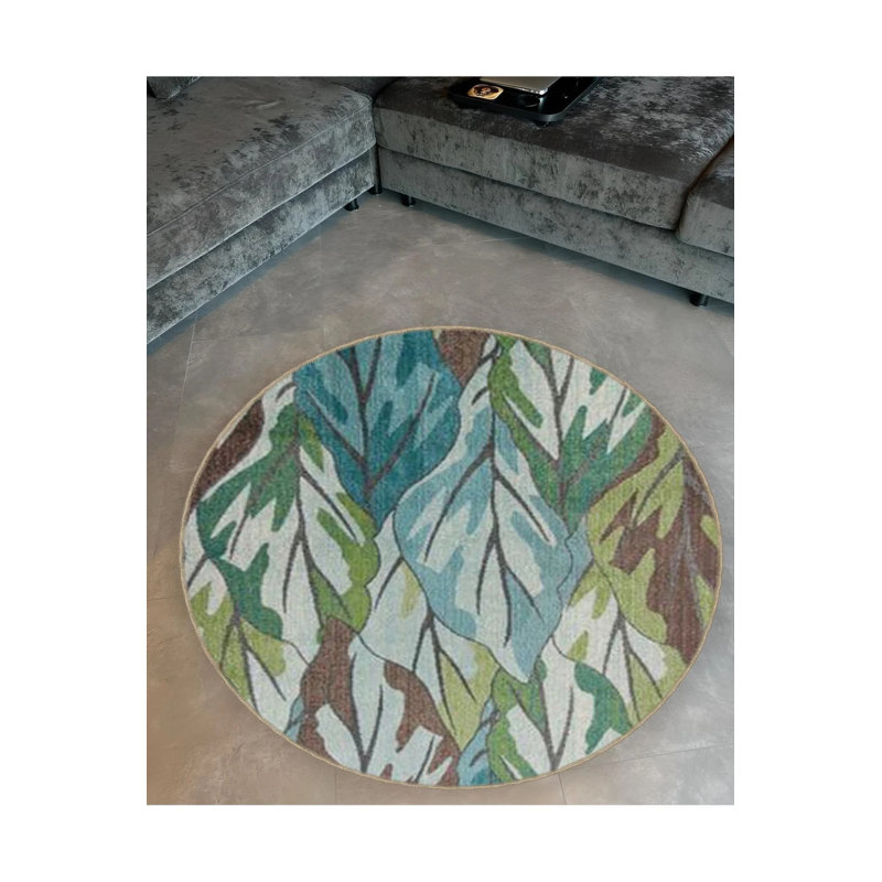 Green Blue Leaves Woven Base Modern Decorative Carpet, Round 4'