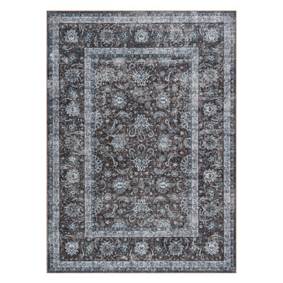 Tapis brun lavable à la machine à poils courts de 10 pi x 13 pi, léger, léger, bohème, à motif floral vieilli, pour le salon, la chambre et la salle à manger