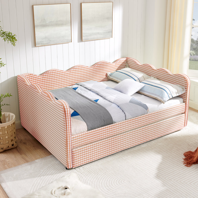 Helin Preppy Style Linen Upholstered Daybed with Trundle, USB Port & Wave-Shaped Back, Full, Pink