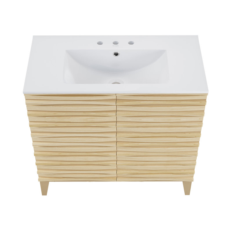 Meuble-lavabo autoportant 30 po en chêne naturel Wachter avec comptoir à 3 trous, Naturel, 8 po