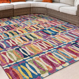 Tapis intérieur / extérieur en polypropylène tissé à la machine à motif géométrique bleu / jaune / rose Keazia