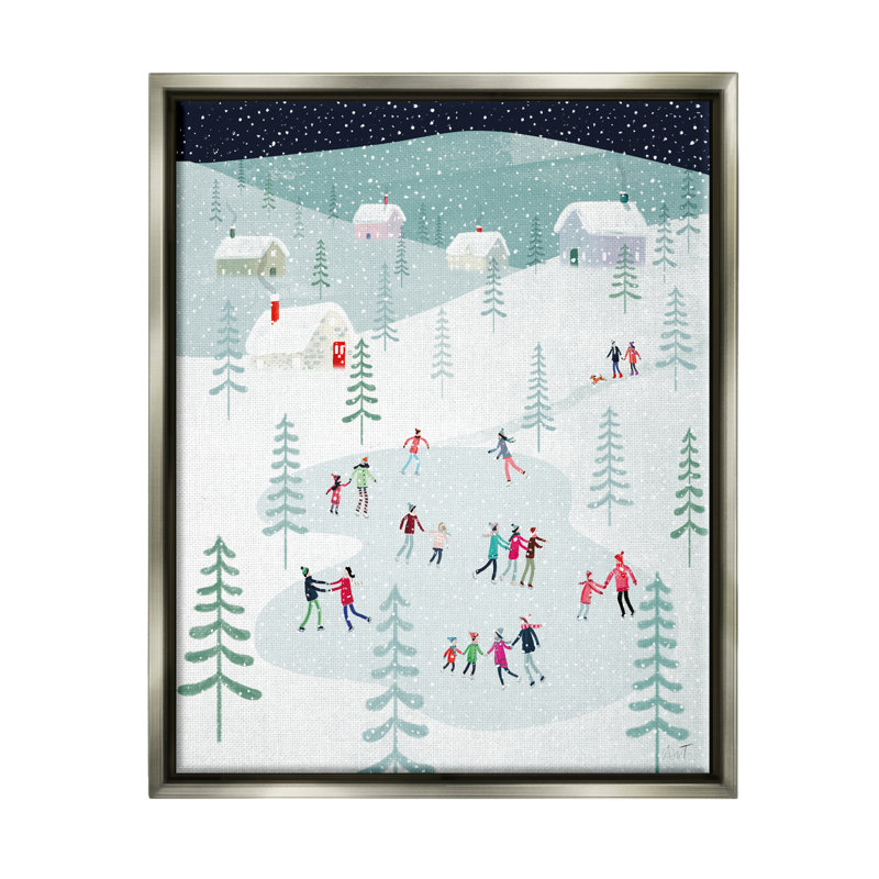 «Ice Skating Familles Snowfall» par Andrew Thornton, H 21 po x l 17 po x P 1,7 po, Cadre flottant gris lustré