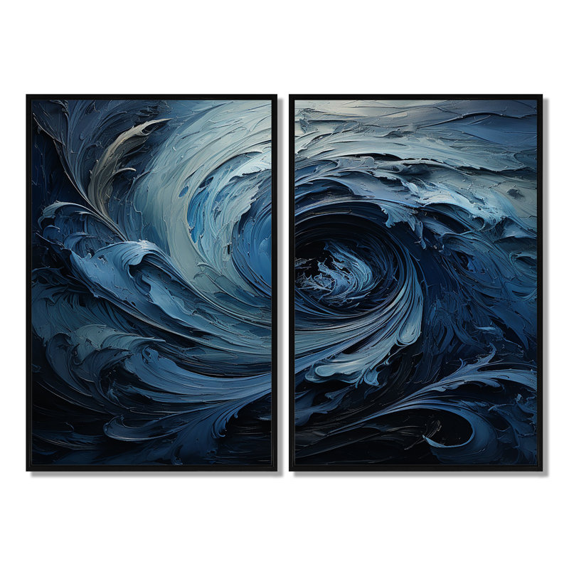 Ensemble de 2 décorations murales bleues et blanches en spirale - Tachisme abstrait, H 36 po x l 48 po, Noir