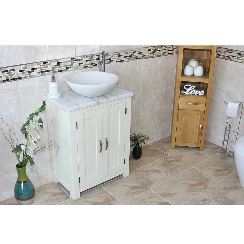 Roberge 650mm Single Bathroom Vanity with Vessel Stone Basin, White, White Marble, White