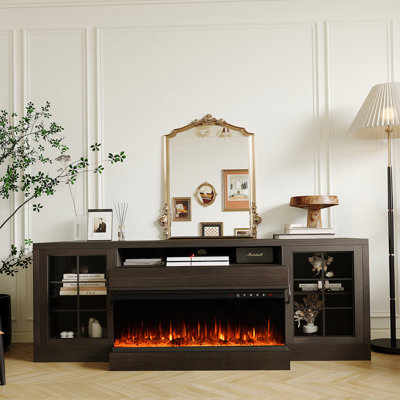 Meuble télé à 3 côtés avec foyer électrique pour téléviseur de 75 po ou moins, meuble télé avec meuble de rangement à porte vitrée, grands meubles télé de 60 po avec foyer de 30 po, brun
