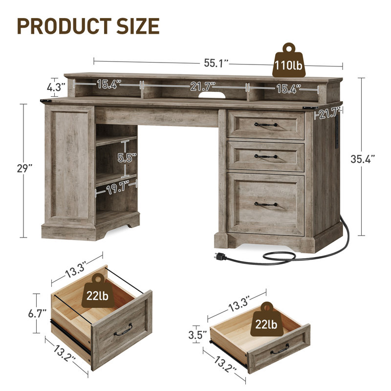 55.1" Farmhouse Executive Desk with Drawers, Computer Desk with File Cabinet and Side Bookshelf, Gray