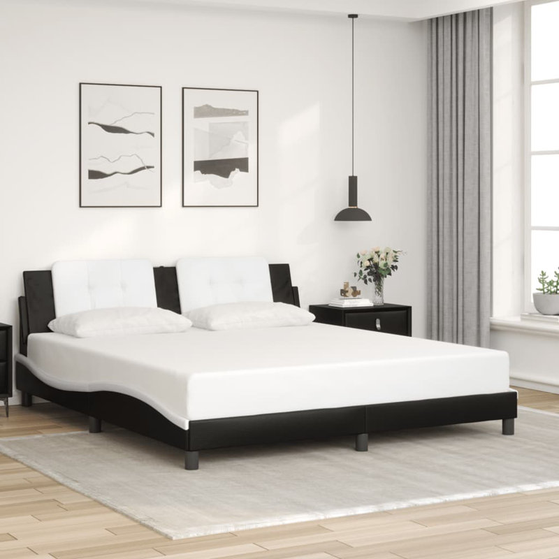  Bed Frame With Headboard Faux Leather, Black/White, Queen