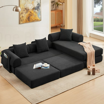 Modular Corduroy 3-Seat Sofa L Shaped Couch With Foldable Doublelayered Seat Cushion For Apartment-Compression Sofa In Box