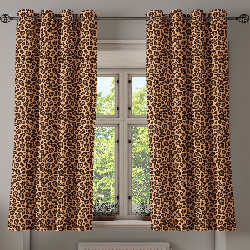 East Urban Home Leopard Print Grommet Curtain 2-Panel Window Drapes, 50", Orange and Black, 50" W x 63" L