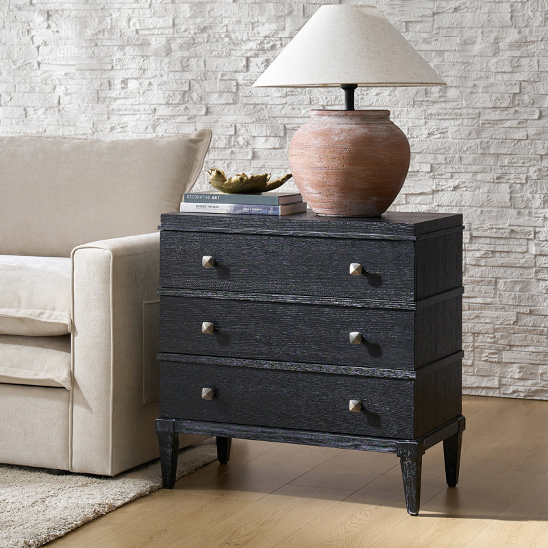 Taesan Transitional 27'' W 3-Drawer End Table with Charging Station and Solid Wood Legs, Black