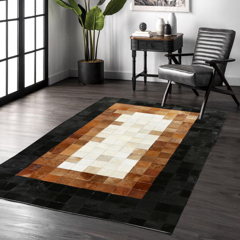 Tapis beige en cuir de vache, tapis fait main, Tapis de couloir 2 pi x 6 pi