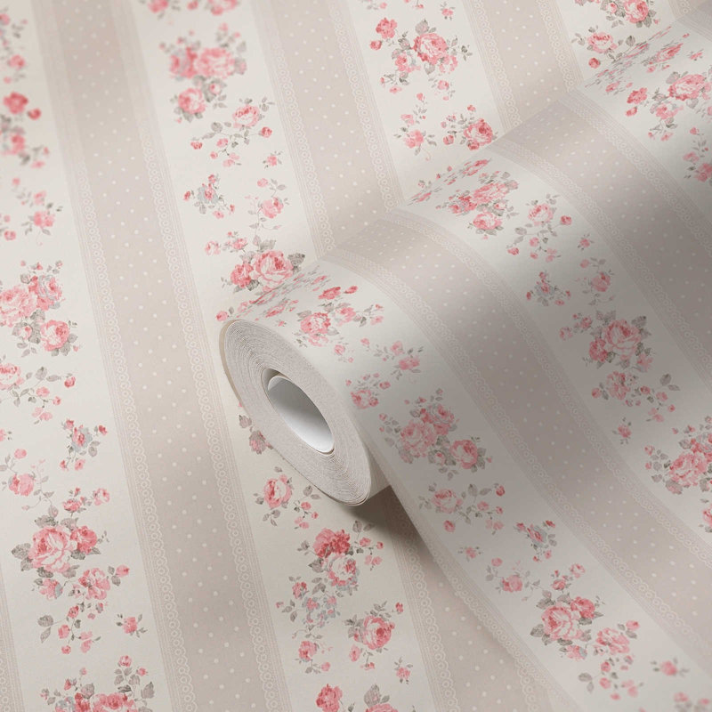 Maison Charme Vintage Rose Stripe Motif 10.05m x 53cm Wallpaper Roll, Beige
