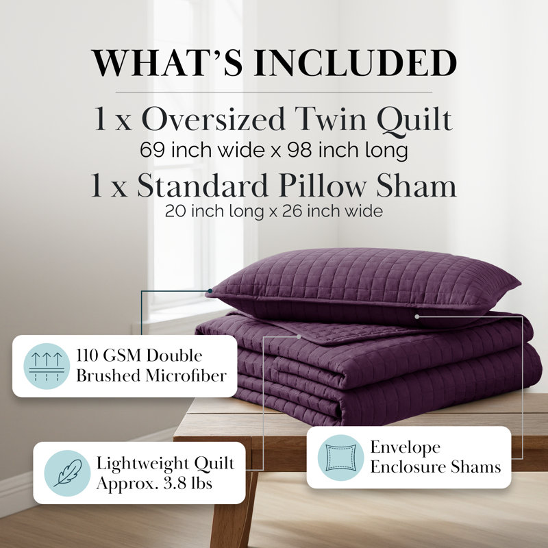 Southshore Fine Linens Vilano Oversized Quilt Set, Double-Brushed Microfiber Lightweight Quilted Bedding and 1 Pillow Sham, Twin/Twin XL, Purple