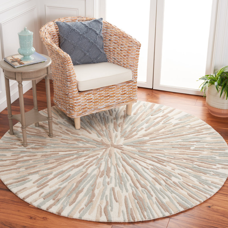 Round Desin Abstract Hand Tufted Wool Area Rug in Ivory/Grey, Round 4'