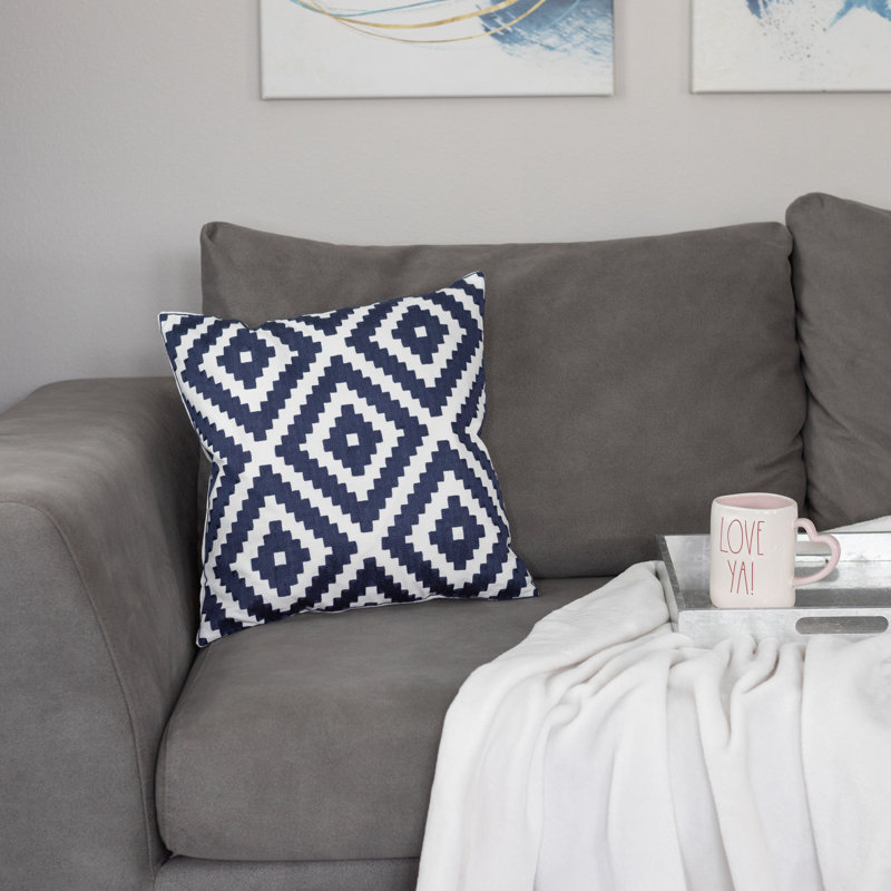 Embroidered Pillow Cover, Geometric Shapes, Blue/White