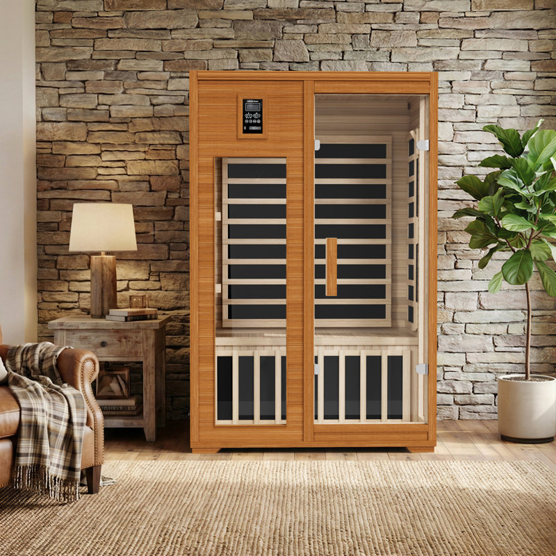 Sauna infrarouge d'intérieur à 2 champs électromagnétiques pour 2 personnes avec 6 chauffages en mica, Bluetooth et lumières de chromothérapie
