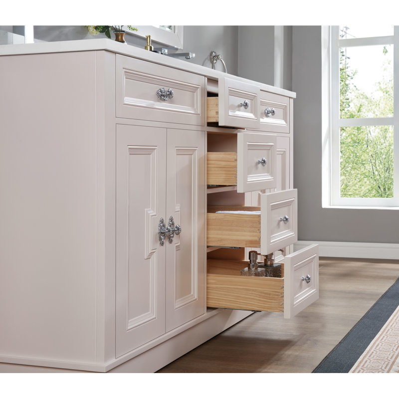 Meuble-lavabo double 60 po en bois massif avec plateau en marbre d'ingénierie 1 po, Chrome poli, Blanc rêveur