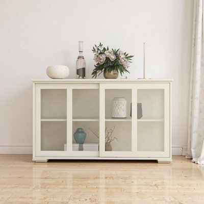 Armoire de cuisine blanche avec portes coulissantes en verre et tablette réglable | Buffet en panneau de fibres à densité moyenne | Buffet élégant