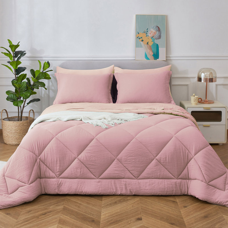 Ensemble d'édredon 7 pièces en microfibre délavée toutes saisons - ensemble de literie matelassée à coutures losangées, housse de couette en duvet synthétique réversible, édredon en microfibre moelleuse respirante