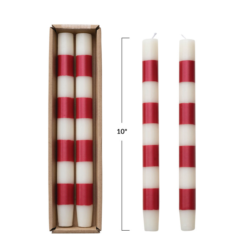 Unscented Taper Candles With Stripes In Box, Red