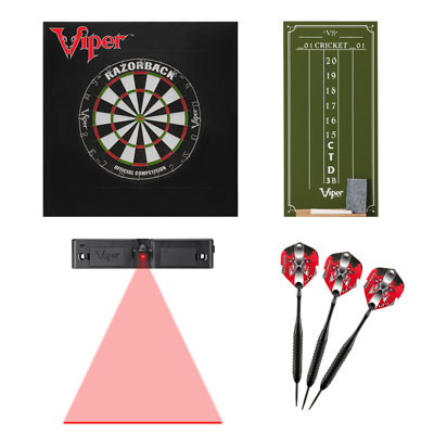 Jeu de fléchettes Viper Razorback en sisal / poils avec fléchettes à pointe en acier de 22 grammes, lumière de ligne de lancer, défenseur mural carré et petit tableau de pointage à craie
