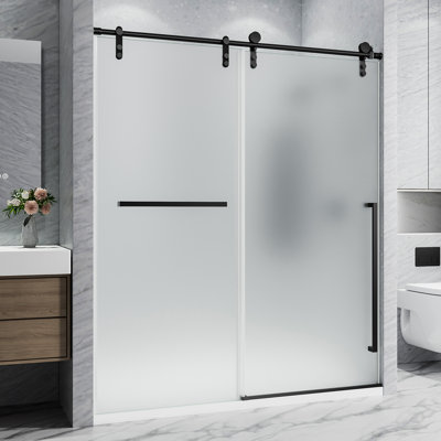 56"-60"W x 75"H Single Sliding Frameless Shower Door, Frosted Tempered 5/16"(8mm) Glass, Black Stainless Steel Handle