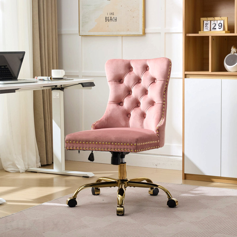 Pink Office Chair, Modern Velvet Upholstered Tufted Button Home Office Chair, With Golden Metal Base, Adjustable Desk Chair Swivel Office Chair