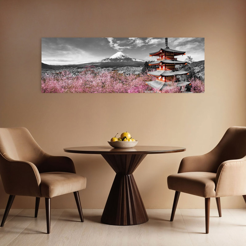 Mont Fuji, cerise, pagode, paysage de montagne, paysage abstrait, H 16 po x l 48 po