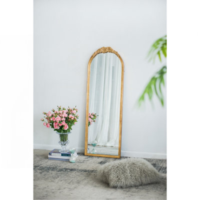 Gorgeous Wood Floor Mirror With Intricate Floral Details And Gold Finish, A Stunning Home Decor Piece