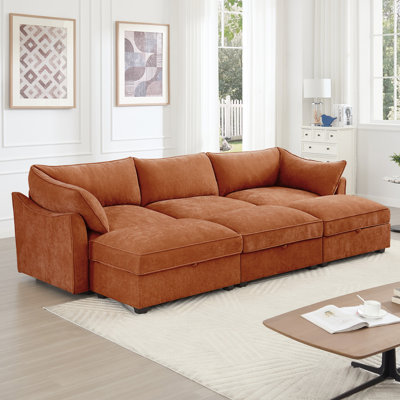 3 places avec repose-pieds, canapé modulaire en chenille orange, tiroir de rangement sous chaque siège, forme de croissant en ligne épurée, assise douce et confortable, fonction de choix de couleurs multiples, conception en forme, passepoil