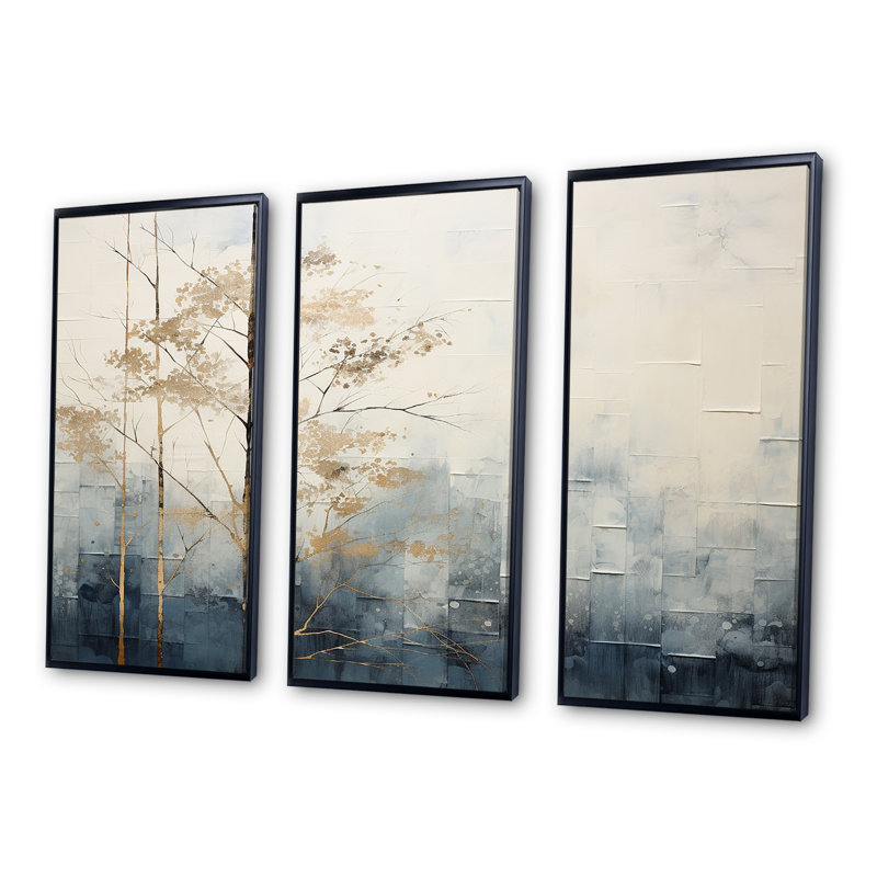 Minimalisme bleu et blanc forêt - ensemble de salon d'art mural forêt, Cadre flottant noir, H 40 po x l 60 po x P 1 po