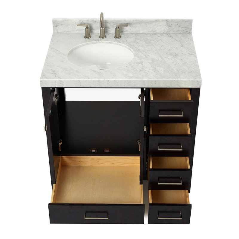 Ariel Cambridge 36 In. Right Offset Vanity With 2 In. Carrara Marble Countertop, Espresso