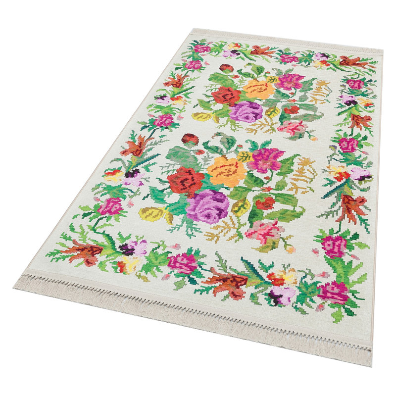 Tapis rectangulaire à motif floral tissé à plat en polyester gris / vert / rose Kailey, Rectangle 5 pi 1 po x 7 pi 7 po