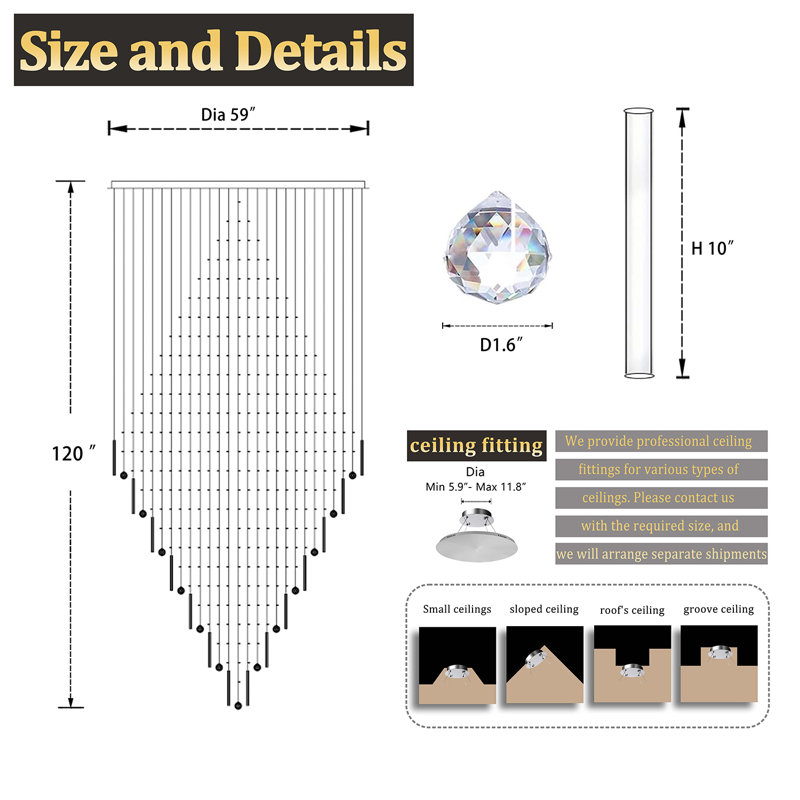 Très grands lustres en cristal D59 "X H 120" pour plafonds hauts