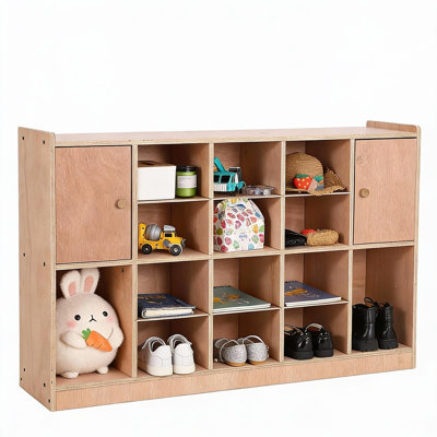 Cubby Tray Storage Cabinet with 2 Doors, Storage Organizer Cubes with 2 Anti-Flip Fittings, 4 Castors and 2 Boxes for Home, School, Kindergarten