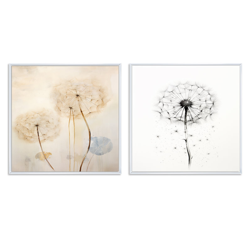 Dandelion Mute Tone - Pissenlit carré, ensemble de 2 collages, Cadre flottant blanc, H 16 po x l 33 po