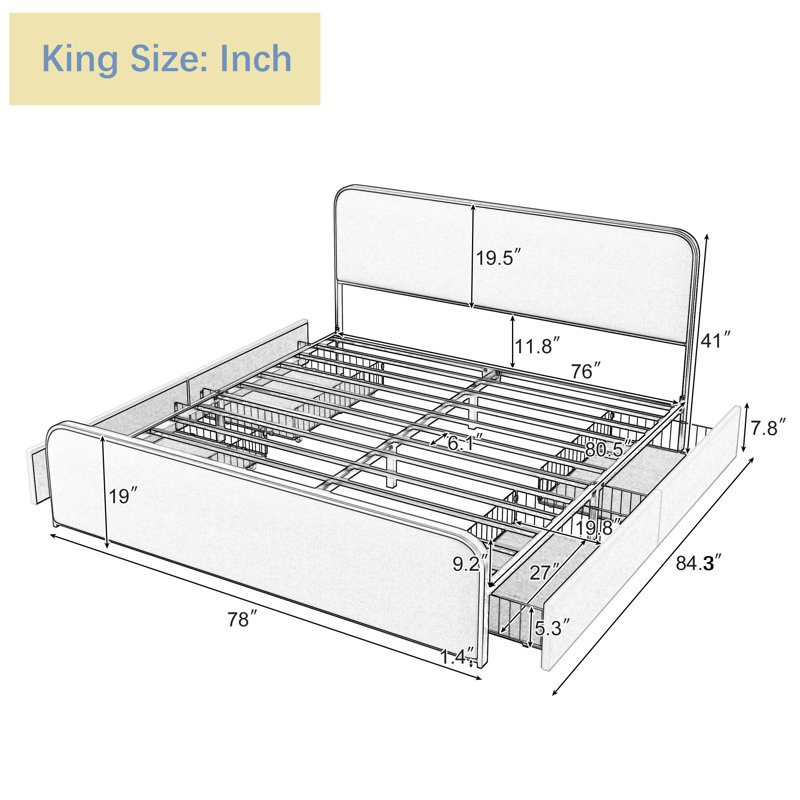 Upholstered Bed with Storage, King, Beige/Black, Storage Included