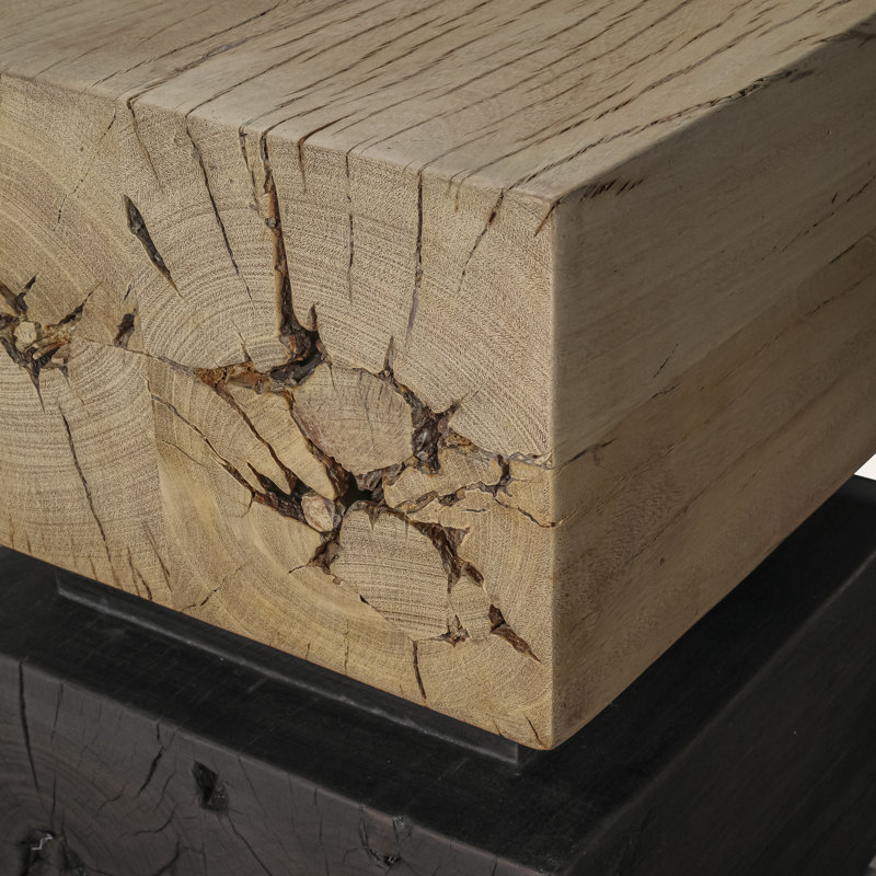Block Stool ~ A perfect contrast between ebony and bleached wood, evoking the duality of light and shadow. It also emphasizes the raw, sculptural beauty of the stacked 100% reclaimed wood blocks, making it feel both modern and timeless.