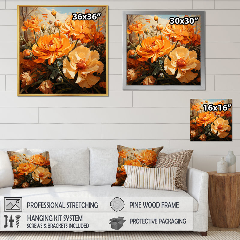 " Gold Marigold Marigold Melody I ", 16" H x 16" W x 1" D, Black Floater Framed