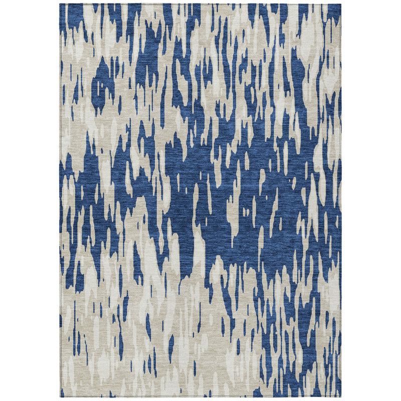 Tapis extérieur lavable abstrait bleu marine et ivoire 3 pi x 5 pi
